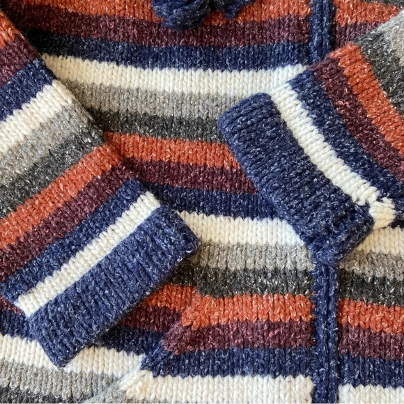 Wool Blend Chunky Knit Striped Boho Hoodie Sweater Jacket - Picture 8 of 12